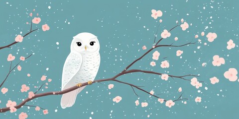 Snowy Owl Perched on a Branch with Delicate Pink Blossoms