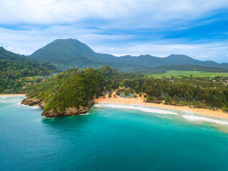  Lhoknga coastline, sea aerial view at Lampuuk beach by drone in Aceh, Indonesia. popular for surfing waves and surfers