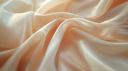 Fototapeta premium A close-up view of luxurious silk satin fabric, softly draped and illuminated by warm lighting, creating gentle waves and a golden sheen.