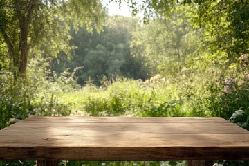Rustic wooden table in a tranquil forest setting with vibrant greenery and soft sunlight filtering through trees