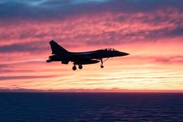 Fighter jet takes flight over ocean at sunset aviation aerial