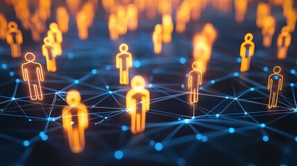 Explore a vibrant talent management system displaying glowing connections among individuals in a digital landscape.