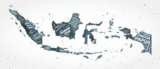 Indonesia regions word clouds. Country shape on textured background. Indonesia design in typographic style. Amazing vector illustration.