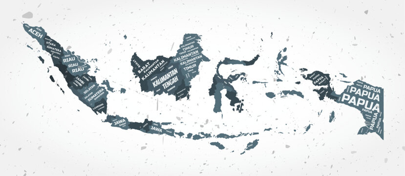 Indonesia regions word clouds. Country shape on textured background. Indonesia design in typographic style. Amazing vector illustration.
