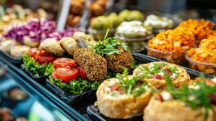 Obraz premium Colorful display of healthy vegetarian dishes in a market showcasing vibrant ingredients
