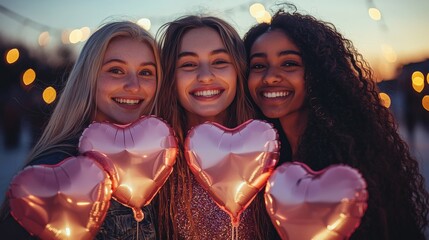 Joyful Friends Celebrating with Heart Balloons