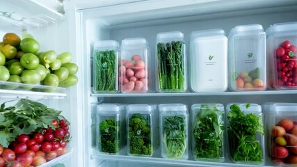 Neatly organized fridge, fresh vegetables and healthy food storage in transparent containers. Clean eating, meal prep and minimalistic kitchen organization for a healthy lifestyle