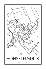 Printable downtown road map poster of the Dutch city of HONSELERSDIJK on solid white background with city name
