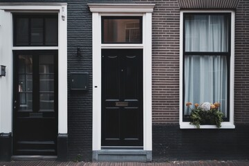 Fototapeta premium Elegant entryways of traditional Dutch architecture featuring dark doors and a charming window box with flowers in a historic neighborhood