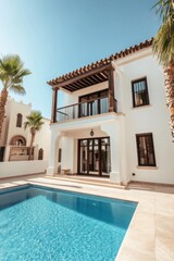 Charming white villa with a private pool under a clear blue sky in a tropical setting, ideal for relaxation and outdoor living