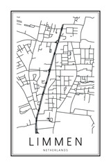 Printable downtown road map poster of the Dutch city of LIMMEN on solid white background with city name