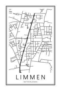 Printable downtown road map poster of the Dutch city of LIMMEN on solid white background with city name