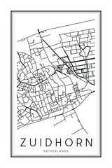 Printable downtown road map poster of the Dutch city of ZUIDHORN on solid white background with city name
