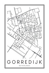 Printable downtown road map poster of the Dutch city of GORREDIJK on solid white background with city name