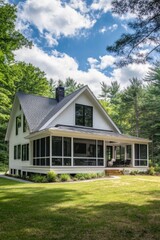 Beautiful contemporary house nestled in lush greenery with a charming porch and vibrant blue sky during the day in a picturesque setting