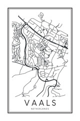 Printable downtown road map poster of the Dutch city of VAALS on solid white background with city name