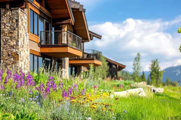 Beautiful mountain resort with vibrant flowers and scenic views, showcasing contemporary architecture surrounded by nature