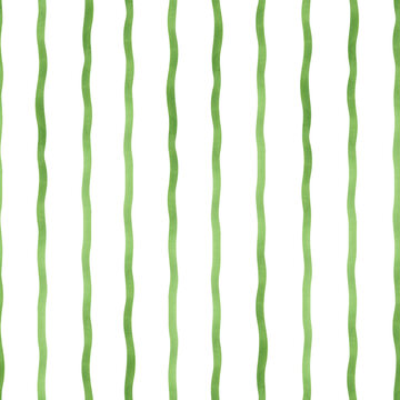Fototapeta Seamless watercolor vertical wave pattern isolated background. Hand drawn green curly brush stroke, simple wriggling lines illustration. Spring naive ornate for kitchen textile, stationery.