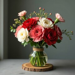 Obraz premium Red and white carnations in a loose, organic arrangement tied with twine on a rustic wooden base, bouquet, country, wildflowers