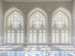 Elegant Islamic architecture with ornate arched windows and sunlight.