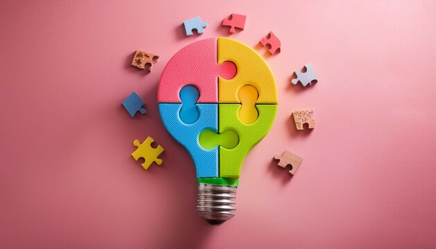 colorful puzzle pieces forming lightbulb on pink background creativity and problem solving