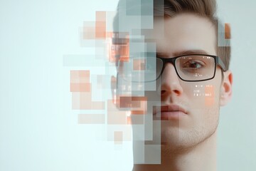 Male model with glasses showcasing digital art effects on his face in a studio setting