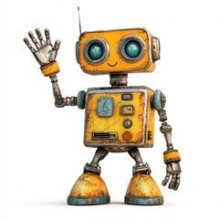 Fototapeta premium 3D icon cartoon of a whimsical robot waving with one hand, isolated on a white background 