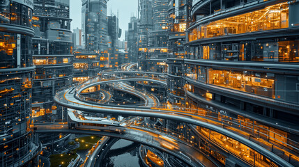 Futuristic Urban Landscape with High-Tech Architecture and Roads