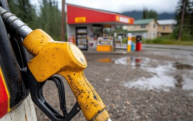 A close-up of a yellow fuel nozzle at a gas station, with a blurred background of the station and surroundings, showcasing a rainy atmosphere.