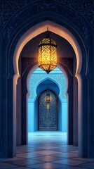 Illuminated Moroccan archway hallway.