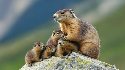 Marmot family gathering on a rocky outcrop in natural habitat