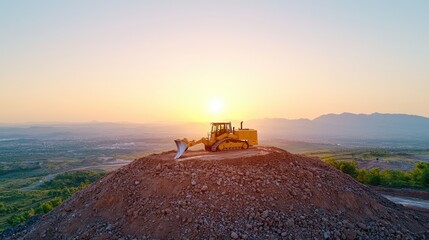 Fototapeta premium Bulldozer on hilltop at sunset, overlooking valley. Construction site background
