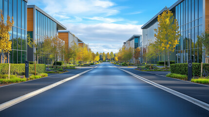 Fototapeta premium Tranquil Urban Street with Modern Buildings and Lush Greenery