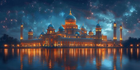 Fototapeta premium Illuminated Palace by a Tranquil Lake Under a Starry Night Sky