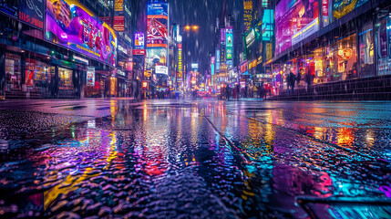 Obraz premium Vibrant Cityscape at Night with Rain and Colorful Lights Reflection