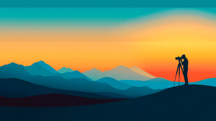 A silhouette of a photographer capturing a stunning sunset over layered mountains, showcasing the beauty of nature.