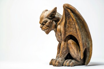 A menacing gargoyle statue, intricately carved with wings and a fierce expression, sits on a white background.