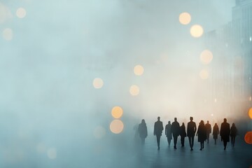 Silhouetted figures walking through foggy city streets with glowing lights at dusk