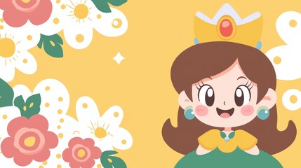 Princess smiling amidst flowers, cheerful spring banner