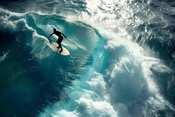 Aerial view of a skilled surfer expertly riding the top of a powerful ocean wave in motion.