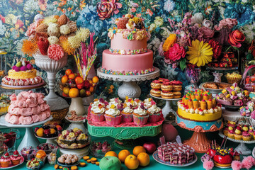 Eine überladene Desserttafel mit bunten Torten, Gebäck, Süßigkeiten und Früchten, umgeben von lebhaften Dekorationen und kunstvollem Geschirr in einer farbenfrohen Szene