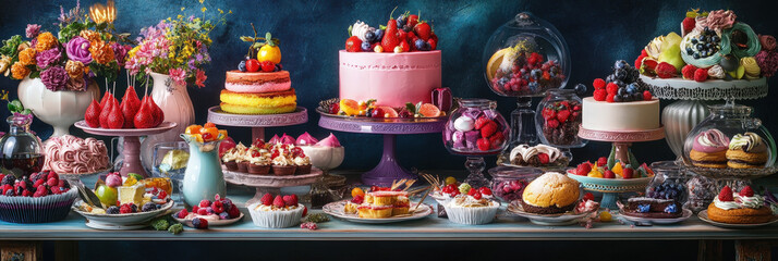 Eine überladene Desserttafel mit bunten Torten, Gebäck, Süßigkeiten und Früchten, umgeben von lebhaften Dekorationen und kunstvollem Geschirr in einer farbenfrohen Szene