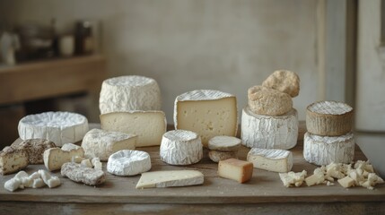 Assorted artisan cheeses on rustic wooden table in a cozy kitchen setting