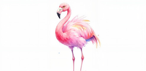 Fototapeta premium Watercolor flamingo illustration with vibrant pink hues and detailed feathers on a white background