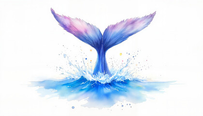 Fototapeta premium Watercolor painting of a whale tail splashing into blue water with vibrant and soft gradients on white background