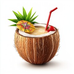 3D icon cartoon of a tropical cocktail in a coconut shell, isolated on a white background --quality 2