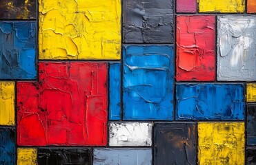 Vibrant interplay of primary colors and gray grid on a textured canvas evoking modern artistic expression