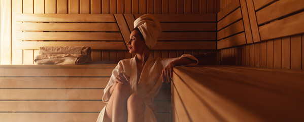 Young woman relaxing and sweating in hot sauna wrapped in towel. Girl In Sauna. Interior of Finnish sauna, classic wooden steam room with hot steam. Russian bathroom. Relax in hot Bathhouse with steam