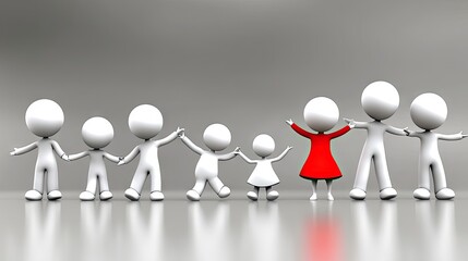 Happy family group holding hands, girl in red dress, grey background, unity concept, website illustration