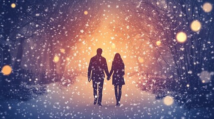 Fototapeta premium Couple Walking Through Snowy Winter Wonderland